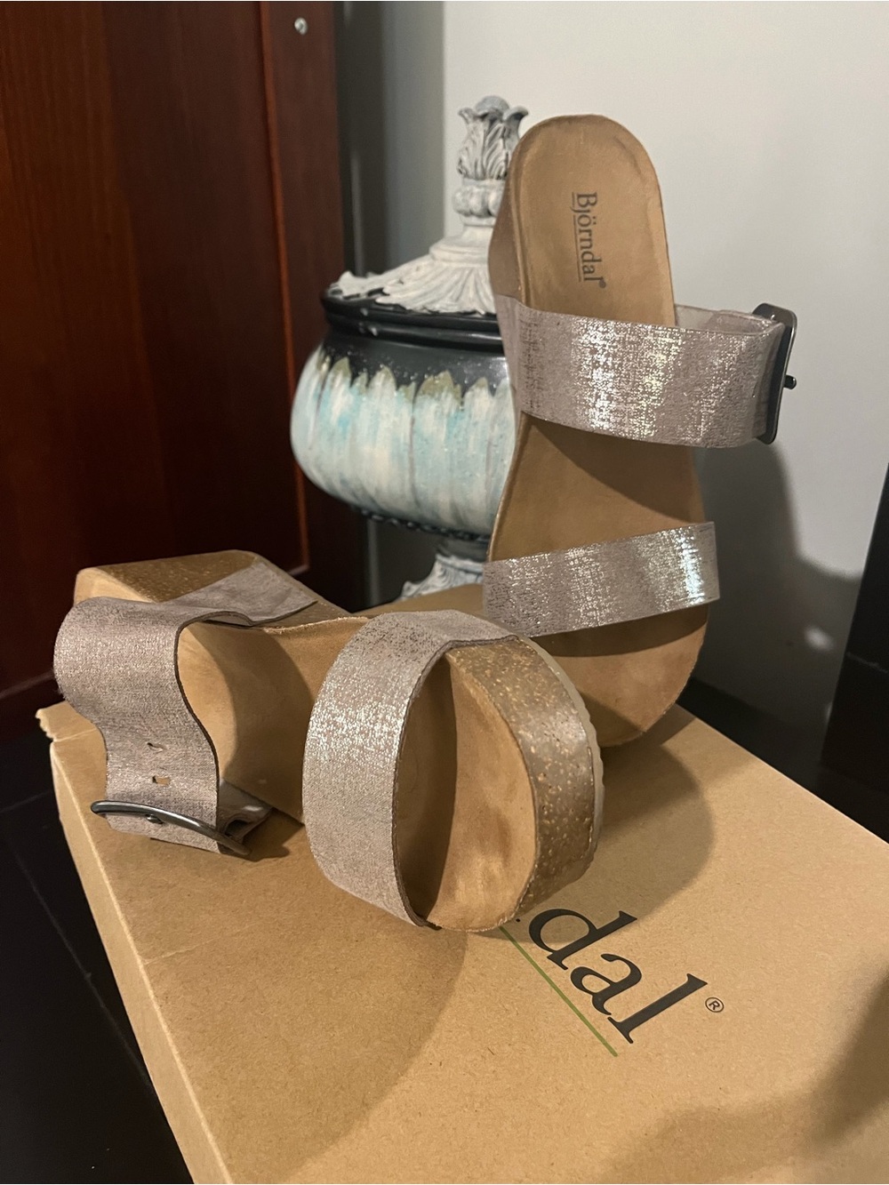 Daisy Metallic Taupe Double Strap Wedge Sandals